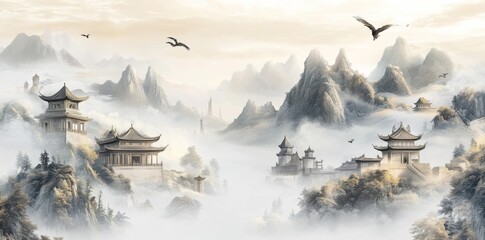 A Chinese-style cloud landscape painting, featuring Chinese architecture with pavilions and towers.