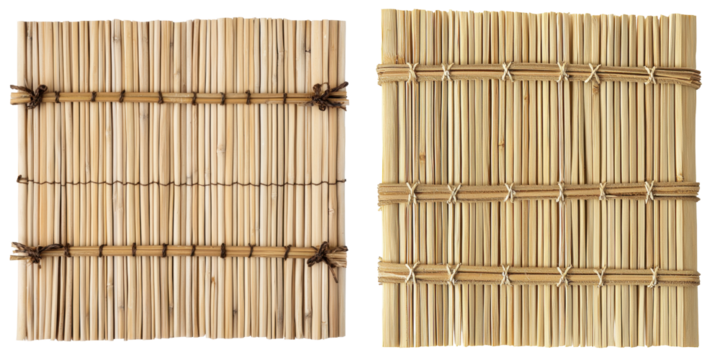 Bamboo sushi mat with fine, tightly woven slats and visible fibers cut out transparent isolated on white background PNG