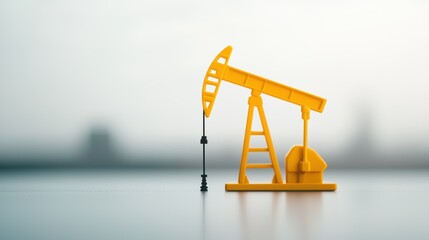 Yellow Toy Oil Pump Jack on Minimal Background A yellow toy model of an oil pump jack set against a minimal, blurred background, symbolizing the simplified representation of the oil industry