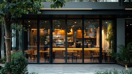 A restaurant with a large glass door and a green tree in the background