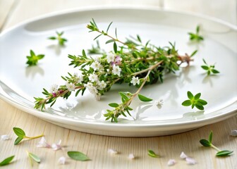 Photo image of a delicate sprig of thyme placed on a crisp, white ceramic plate, surrounded by a scattering of fresh green leaves and a few delicate petal-like flowers.
