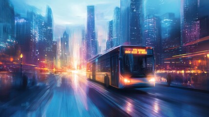 Obraz premium Luminous buses that shuttle through the city
