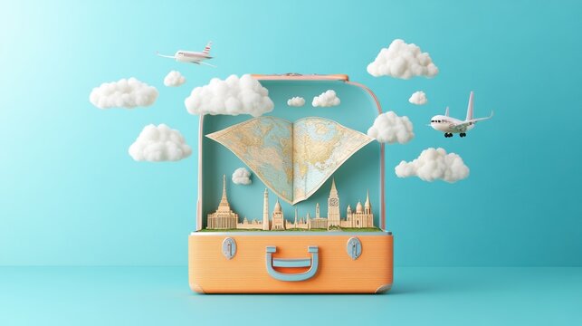 A suitcase with a vintage map open inside, with illustrations of landmarks, cultures, and destinations surrounding it.