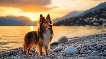 Dog at Sunset by the Lake