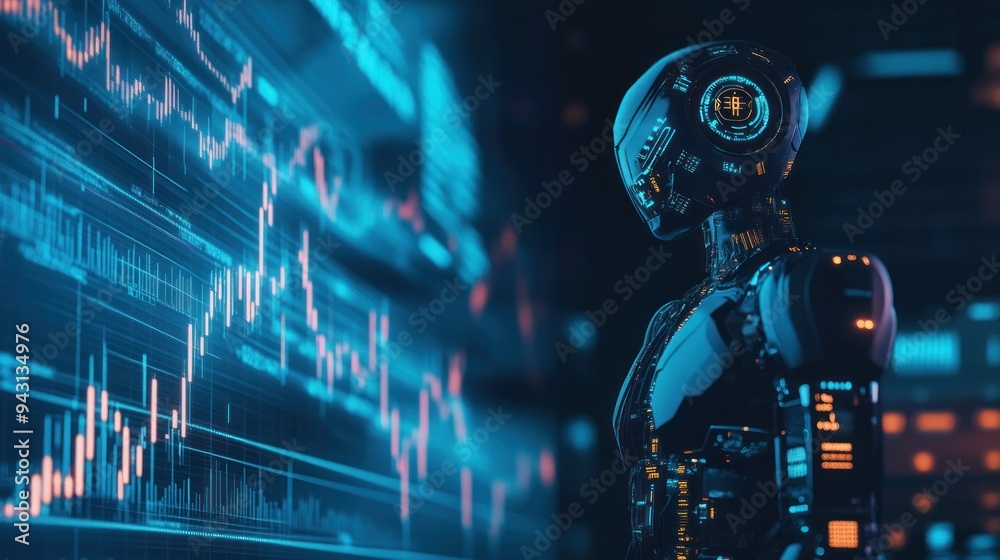Wall mural a robot stands in front of a computer screen with a lot of numbers and graphs