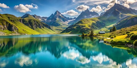 Fototapeta premium Photo image of the Silvretta mountain range in the Austrian Alps, with a serene lake and lush greenery on a sunny afternoon.