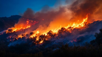 Dramatic Wildfire in Dense Forest at Dusk with Intense Flames and Thick Smoke