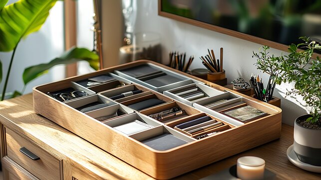 A wooden organizer box with compartments neatly holds desk accessories, office supplies, and personal items, blending function with style.