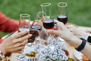 Group of friends raising wine glasses during an outdoor celebration featuring a beautifully arranged table with flowers and appetizers, creating a lively and inviting atmosphere