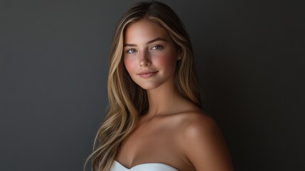 Fototapeta premium A teenage woman in a simple white gala dress poses relaxedly, smiling at the camera with her long, slightly curled hair in front of a gray studio background.