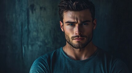 Fototapeta premium hyper realistic photograph of a handsome american man in a t-shirt looking directly at the camera.