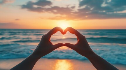 A person's hands are shaped like a heart, with the sun in the background