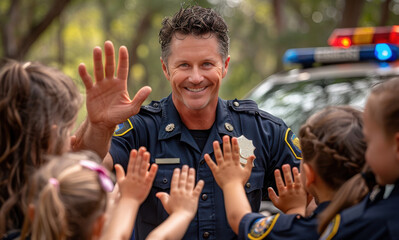 Police officer engages with children during school open house beside patrol car