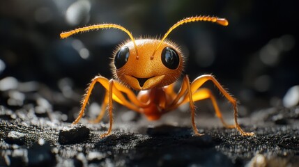 Fototapeta premium A close up of a red ant with its head raised and looking at the camera