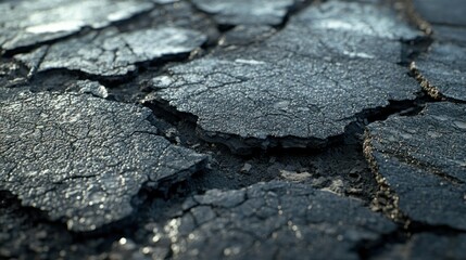 A cracked and broken pavement with a grey color