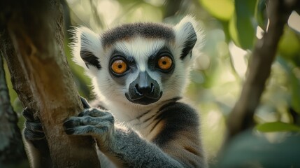 A baby lemur is looking at the camera
