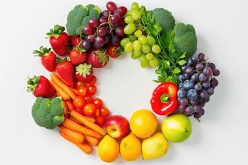 Rainbow of fruits and vegetables forming a circle on white background with copy space