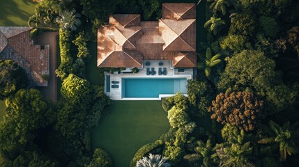 Aerial overhead of a mountaintop mansion