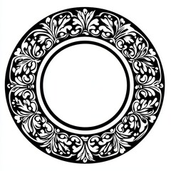 A black and white circle with a floral design