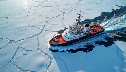 An icebreaker ship plows through thick ice, carving a path in a vast frozen sea, seen from above.








