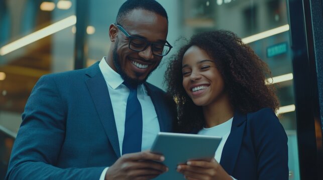 Business colleagues sharing a laugh over a tablet. Male executive and young female employee.Joyful Corporate Collaboration: Diverse Business Team Laughing Over Tablet. Modern Office Culture Showcasing - Powered by Adobe