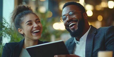 Joyful Corporate Collaboration: Diverse Business Team Laughing Over Tablet. Modern Office Culture Showcasing Inclusivity, Teamwork, and Technology Integration. Elegant Minimalist Design for Marketing 