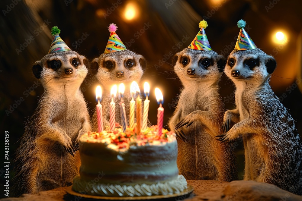 Sticker A group of four meerkats are standing around a birthday cake with candles