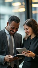 Joyful Corporate Collaboration: Diverse Business Team Laughing Over Tablet. Modern Office Culture Showcasing Inclusivity, Teamwork, and Technology Integration. Elegant Minimalist Design for Marketing 