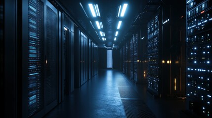 A long hallway with many computer servers