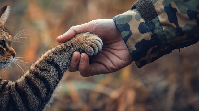 A soldier gently holding a cat's paw in the forest