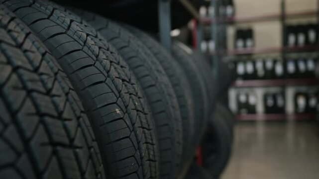 Close-up view of new winter tires on display at a car store. The tires are stacked on a shelf and have a variety of features, including aggressive tread patterns for traction in snow and ice