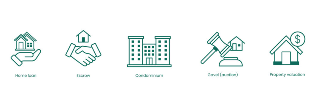 Real Estate Vector Icon Set: Home Loan, Escrow, Condominium, Auction, Property Valuation