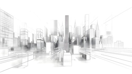 Sleek Abstract Cityscape Line Art Minimalist Modern Architecture Geometric Skyscraper Design on White Background