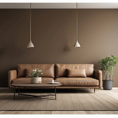 Fototapeta premium Modern Living Room with Brown Leather Sofa and Coffee Table