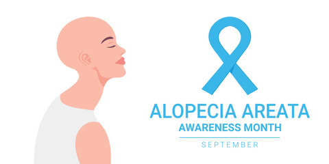 Alopecia Areata awareness month banner. Beautiful bald head woman. Vector illustration