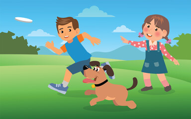 The children  playing with his dog in the park