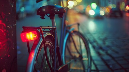 An urban bicycle rests by the street in the evening, with blurred city lights in the background, capturing a moment of serene stillness.