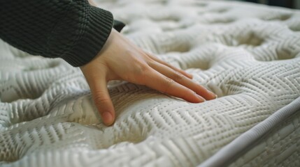 A hand presses on a soft mattress, demonstrating its comfort and support, captured in close-up, inviting a sense of coziness and relaxation.