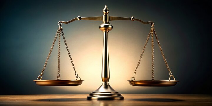 A delicate balance of rights and fairness is visually represented by a pair of old-fashioned scales, suspended in equilibrium, on a subtle gradient background.