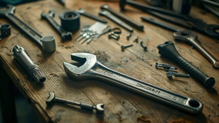 Fototapeta premium Various tools carefully laid out on a rustic wooden workbench, evoking a skilled craftsman's workspace.