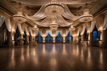 A hotel ballroom with elegant drapery, crystal chandeliers, and a dance floor