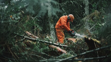 Naklejka premium A diligent worker in an orange suit concentratedly operates a chainsaw to clear thick branches in a green, dense forest.