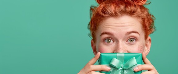 Young woman with red hair hiding a gift box behind her face