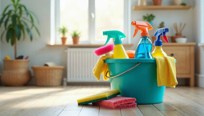 Organized bucket with assorted cleaning supplies in focus, vibrant colors, blurred tidy home background, space for text.	

