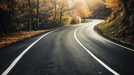 Fototapeta premium A sunlit road curves gracefully through an autumnal forest, the golden leaves adding warmth to the tranquil scene.