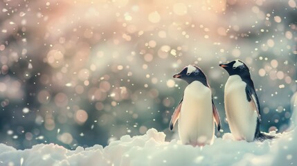 Fototapeta premium Two penguins stand close together on snowy ground, surrounded by a soft, ethereal snowfall with a warm, shimmering background glow.