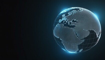 A glowing digital globe showcasing continents with a dark background, perfect for technology and global themes.