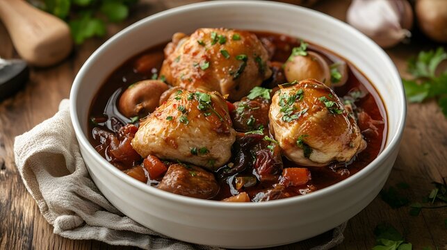 94. A bowl of French coq au vin with chicken and red wine sauce