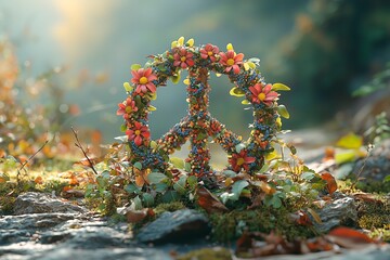 Obraz premium Floral peace symbol surrounded by greenery in a tranquil forest setting