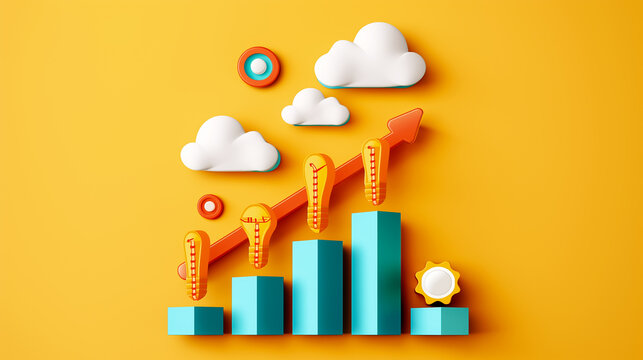 A vibrant bar graph rises prominently, showing growth with cloud shapes above and a sun at the bottom. The bright yellow background enhances the optimistic theme of business success